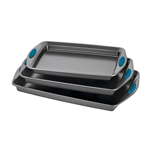 3 Piece, Bakeware Nonstick Cookie Pan Set,  Gray with Marine Blue Grips