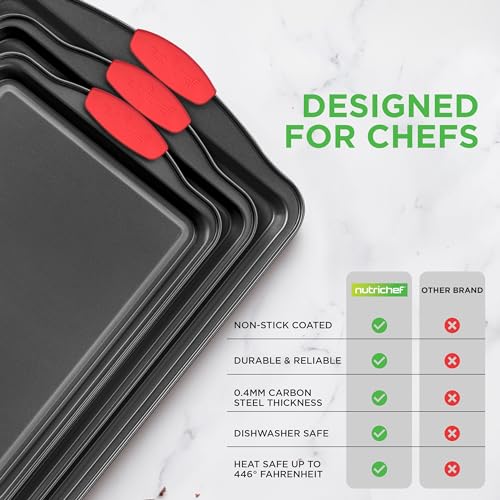 3 Pieces Non-Stick Kitchen Oven Baking Pans-Deluxe & Stylish Nonstick Gray Coating Inside Outside, Commercial Grade Restaurant Quality Metal Bakeware with Red Silicone Handles NCSBS3S, 3 Piece Set