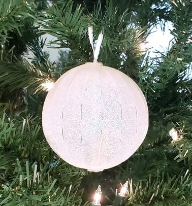 POP-UP White Glitter Christmas Ball Ornaments 6 ct. 3.5"; COLLAPSIBLE Large Xmas Tree Plastic Baubles; Shatterproof