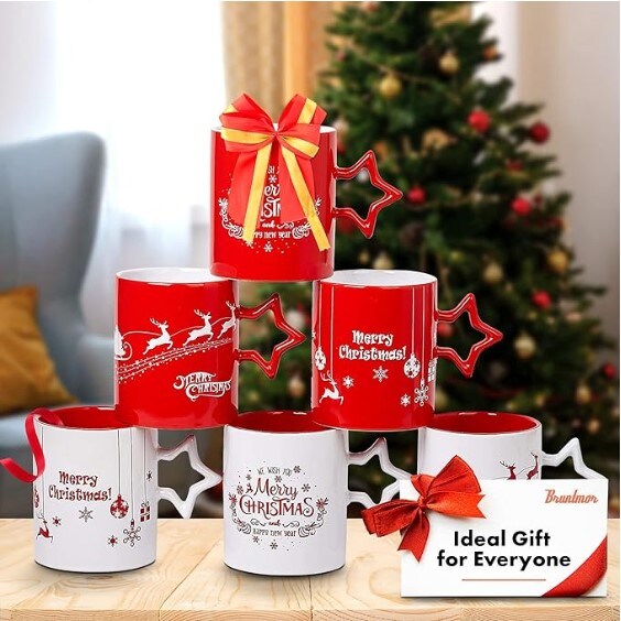 Set of 6 Red and White Christmas Coffee Mugs with Star Handles | Large-sized Christmas Mugs 14 Ounce Novelty Christmas Cups for the New Year - Decorative DIY Cute Christmas Mugs For Hot Or Cold Drinks