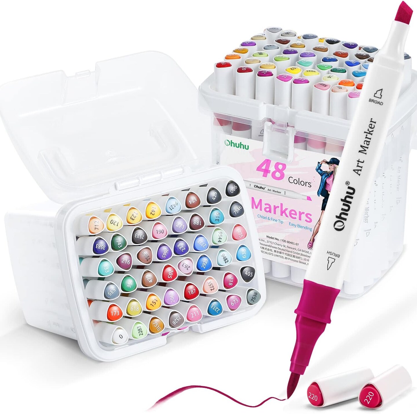 Ohuhu Alcohol Art Marker Set for Kids, Chisel Brush Dual Tips 48-color