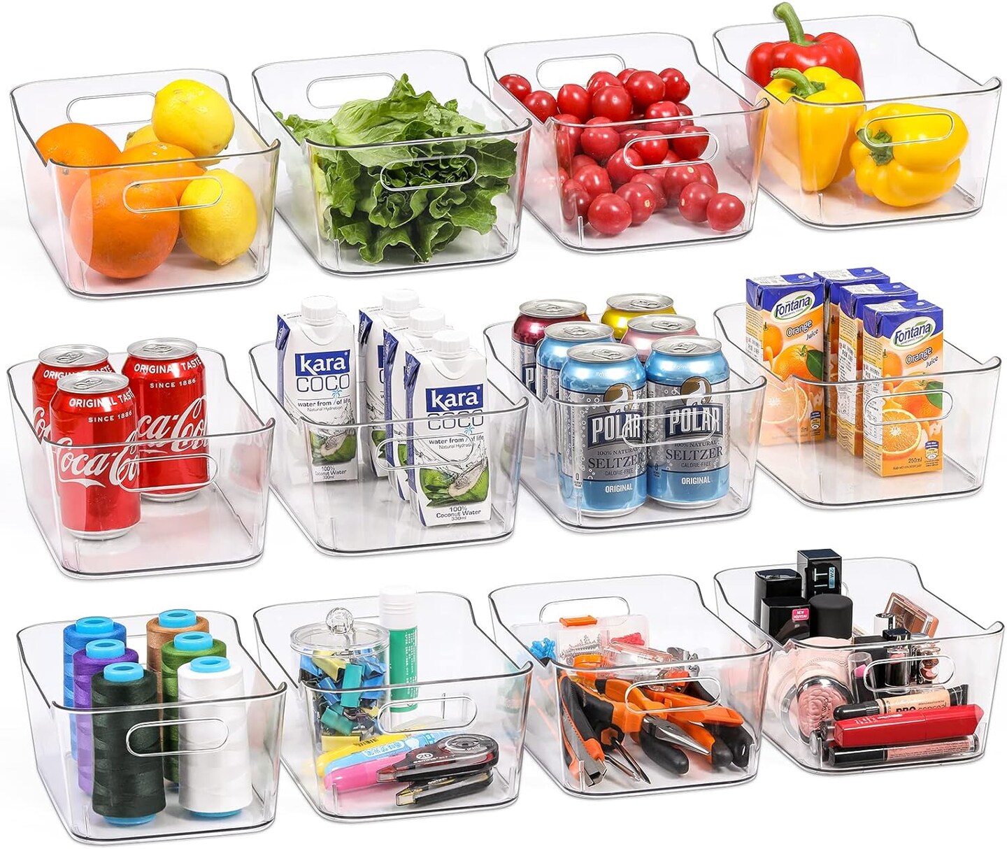 [ 12 Pack ] Multi-Use Clear Bins for Organizing - Fridge, Refrigerator Organizer Bins - Pantry Organization and Storage - Plastic Containers for Home, Kitchen, Freezer, SOHO Collection, Canbinet, RV