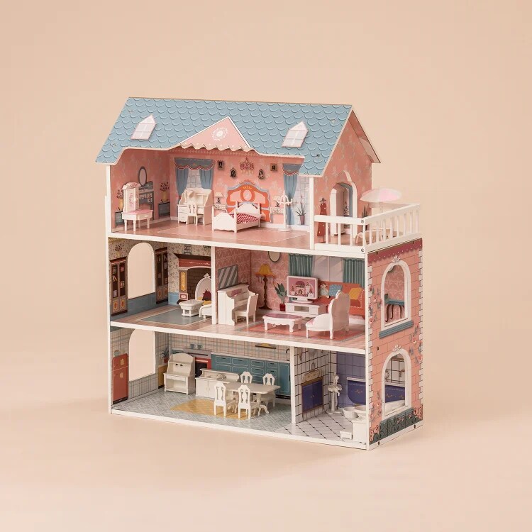 ROBUD Wooden Dollhouse for Kids Girls, with Furniture WDH01