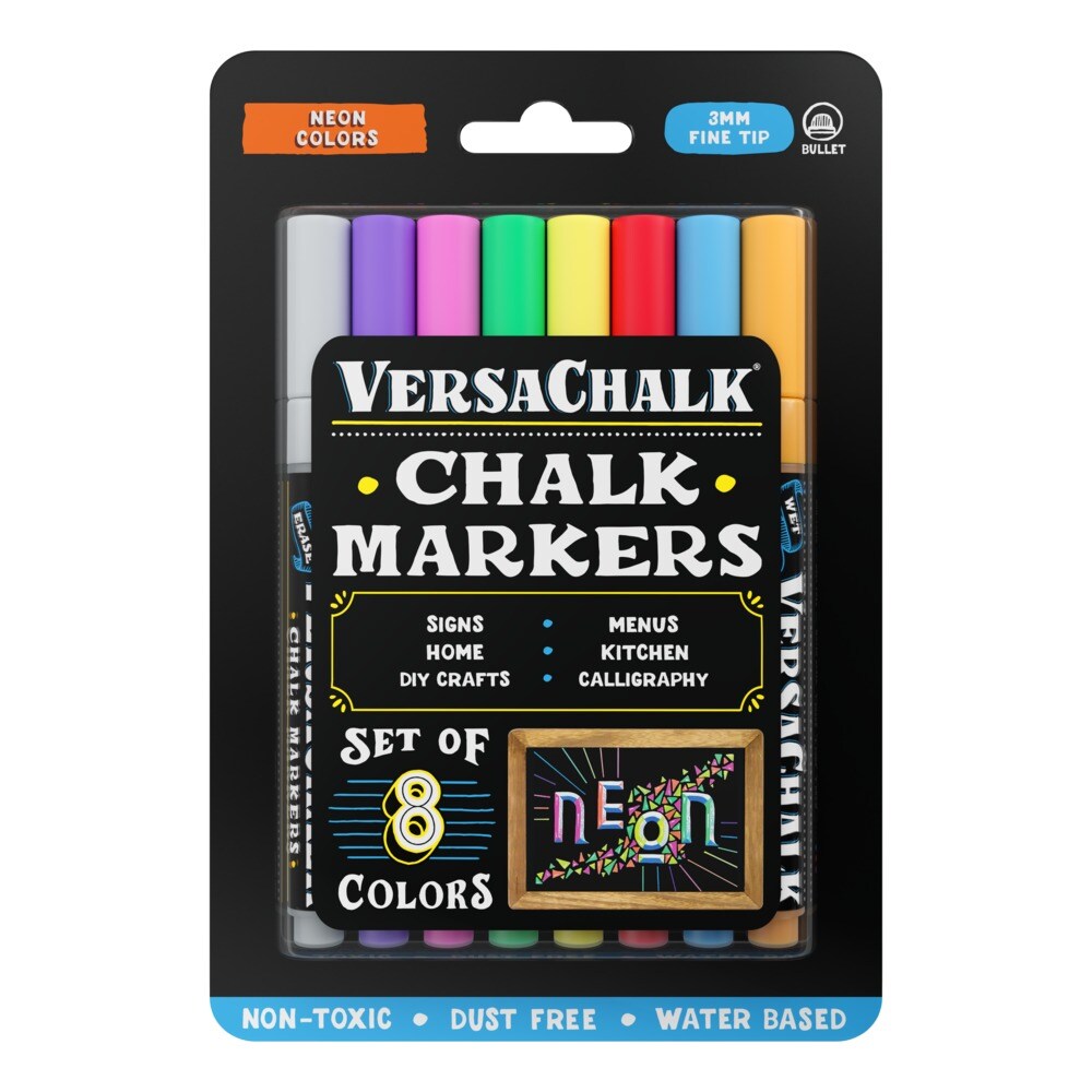 VersaChalk Neon Liquid Chalk Markers, Set of 8 - 3mm Tip