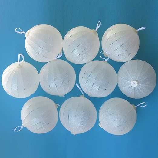 POP-UP White Glitter Christmas Ball Ornaments 6 ct. 3.5"; COLLAPSIBLE Large Xmas Tree Plastic Baubles; Shatterproof