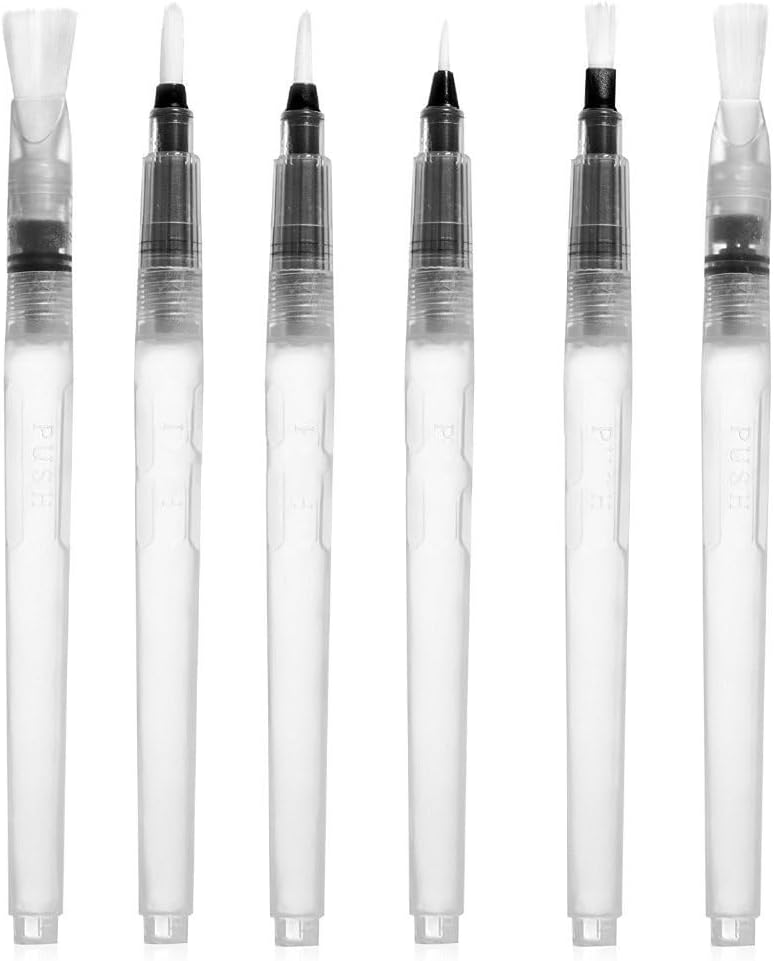 Pixiss Water Brush Pen Set - 6 Refillable Watercolor Paint Pens
