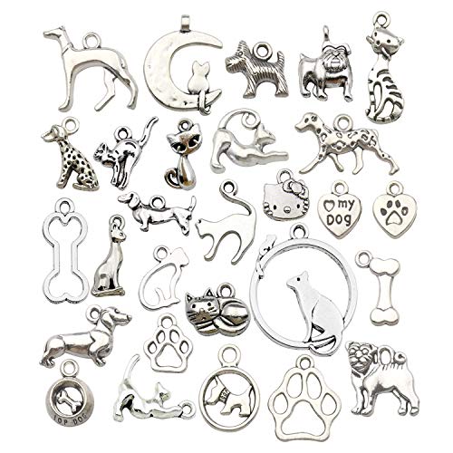 100g(80pcs) Craft Supplies Antique Silver Animals Cat Dog Pet Charms Pendants for Crafting, Jewelry Findings Making Accessory for DIY Necklace Bracelet (M293)