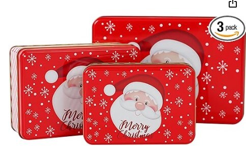 Cookie Tins Square Storage Tins for Christmas Gift Giving, 3 Pack - Large, Medium, and Small Sizes
