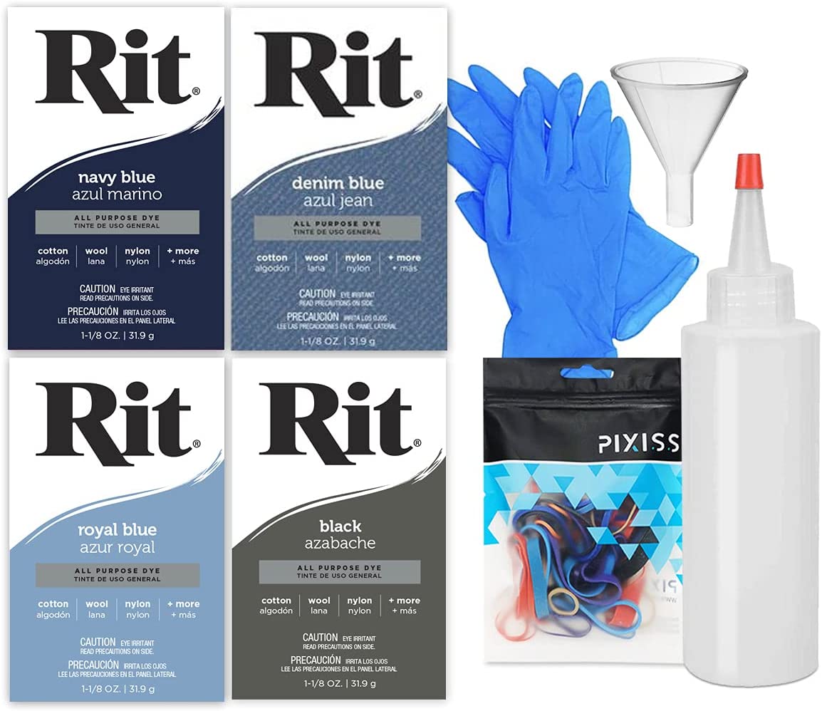 Rit Dye Accessory Kit - Navy Blue, Denim Blue, Royal Blue, Black, Pixiss Tie Dye Accessories Bundle with Rubber Bands, Gloves, Funnel and Squeeze Bottle - Vibrant Fabric Dye Kit for DIY Projects