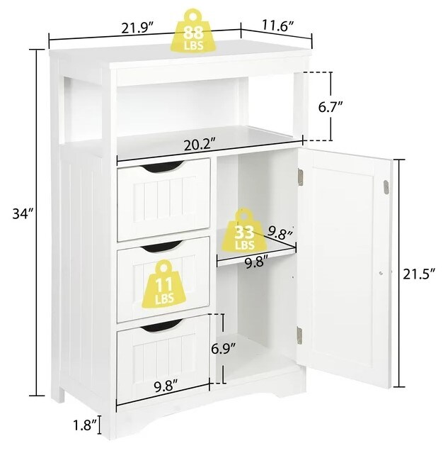 Bathroom Floor Cabinet, 3 Drawer Free Standing Storage Cabinet with Adjustable Shelf, Modern Cupboard for Home Living Room Office, White