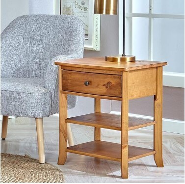 Rustic Wood 3-Tier Nightstand with Storage Shelf and Drawer/Round Metal Knobs/Heritage Collection Furniture/End Table/Side Table, Teak Finish
