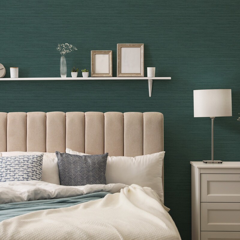 Tempaper Faux Horizontal Grasscloth Textured Peel and Stick Wallpaper Teal