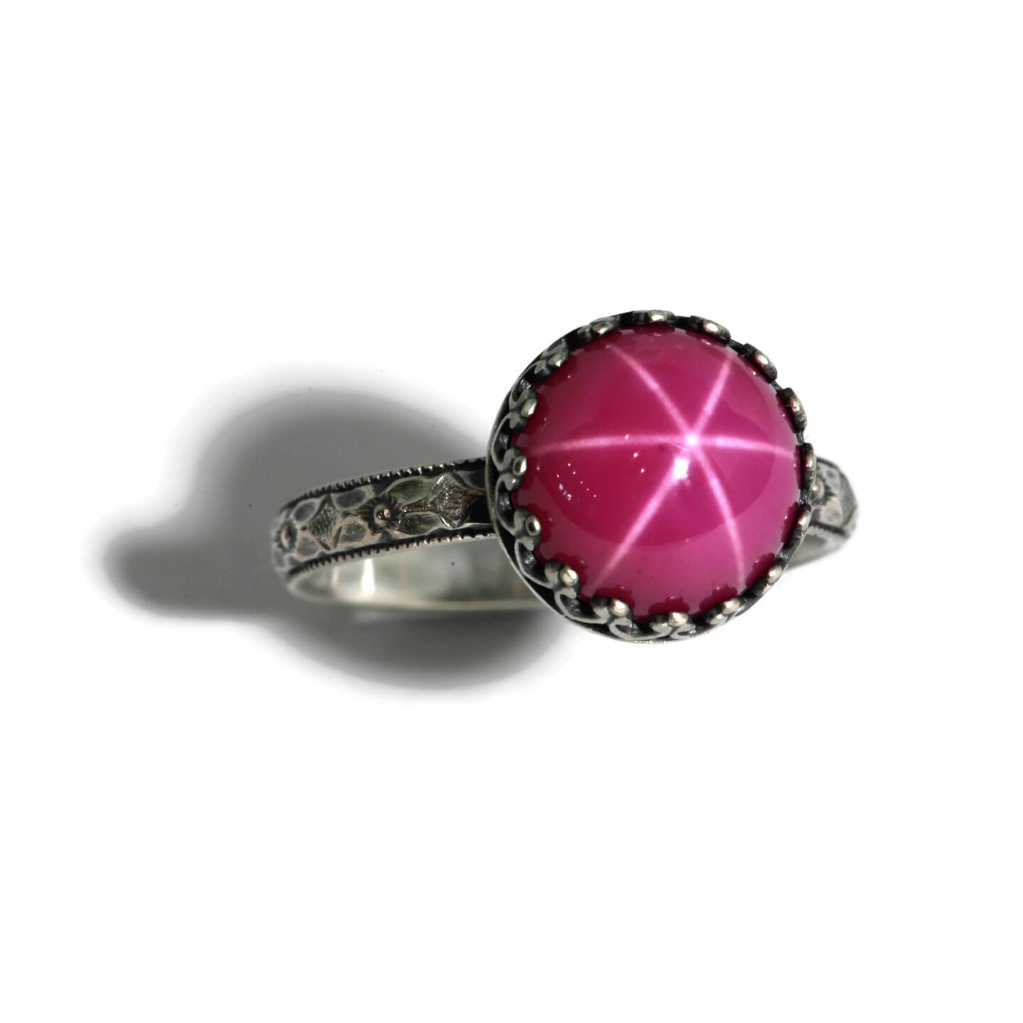 10Mm Created Pink Star Ruby Ring Symmetrical Flower Crown Vintage Silver By Salish Sea Inspirations