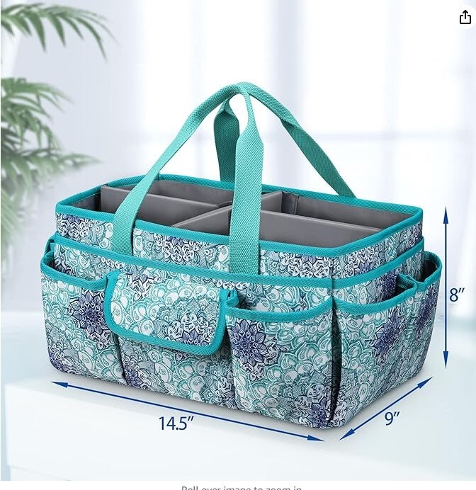 Scrapbooking Carrying Case Storage Caddy with Handle for Sewing, Art, Desktop, Baby Care Supplies (Emerald Illusions) Large Craft Storage Tote Bag with Multiple Pockets