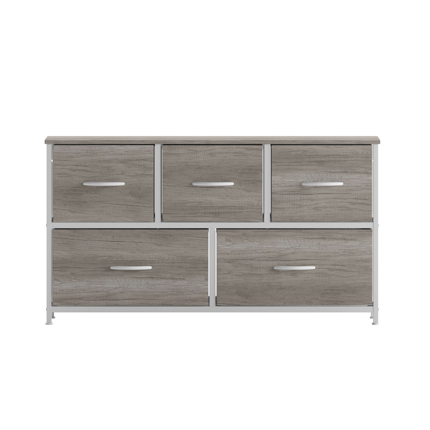 Emma and Oliver Marley 5 Drawer Storage Dresser with Cast Iron Frame, Wood Top, and Easy Pull Fabric Drawers with Wooden Handles