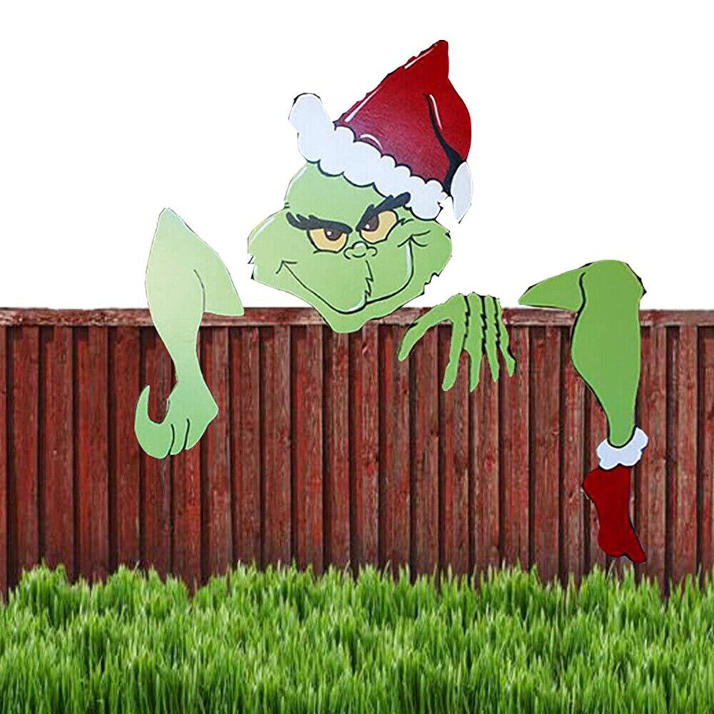 Christmas Fence Peeker Yard Decoration with Santa Claus Reindeer and Grinch