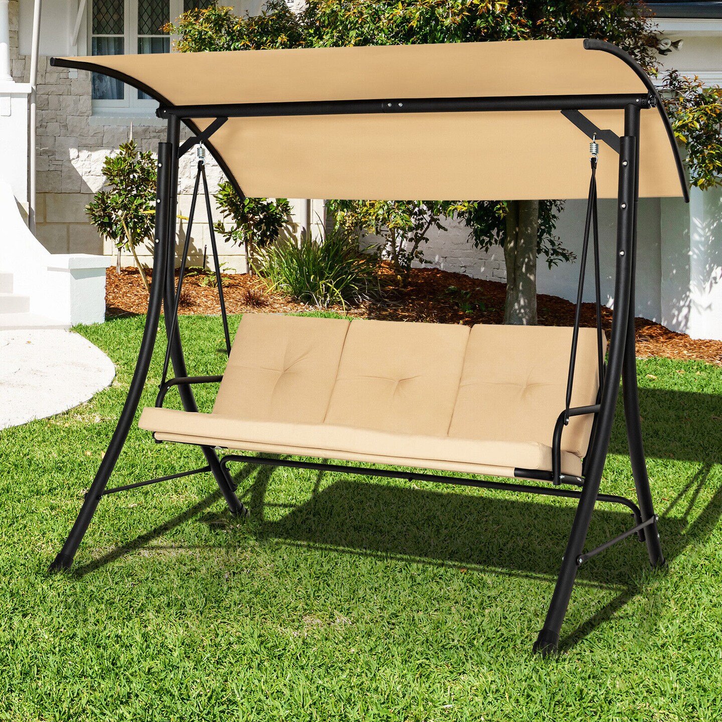 3 Seat Outdoor Porch Swing with Adjustable Canopy and Padded Cushions Beige Michaels