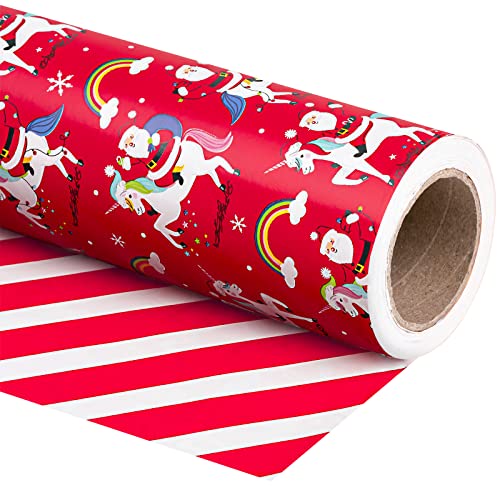 WRAPAHOLIC Reversible Christmas Wrapping Paper - Mini Roll - 17 Inch X 33 Feet - Red Santa Claus and Unicorn, Red and White Stripe Design for Holiday, Party, Celebration