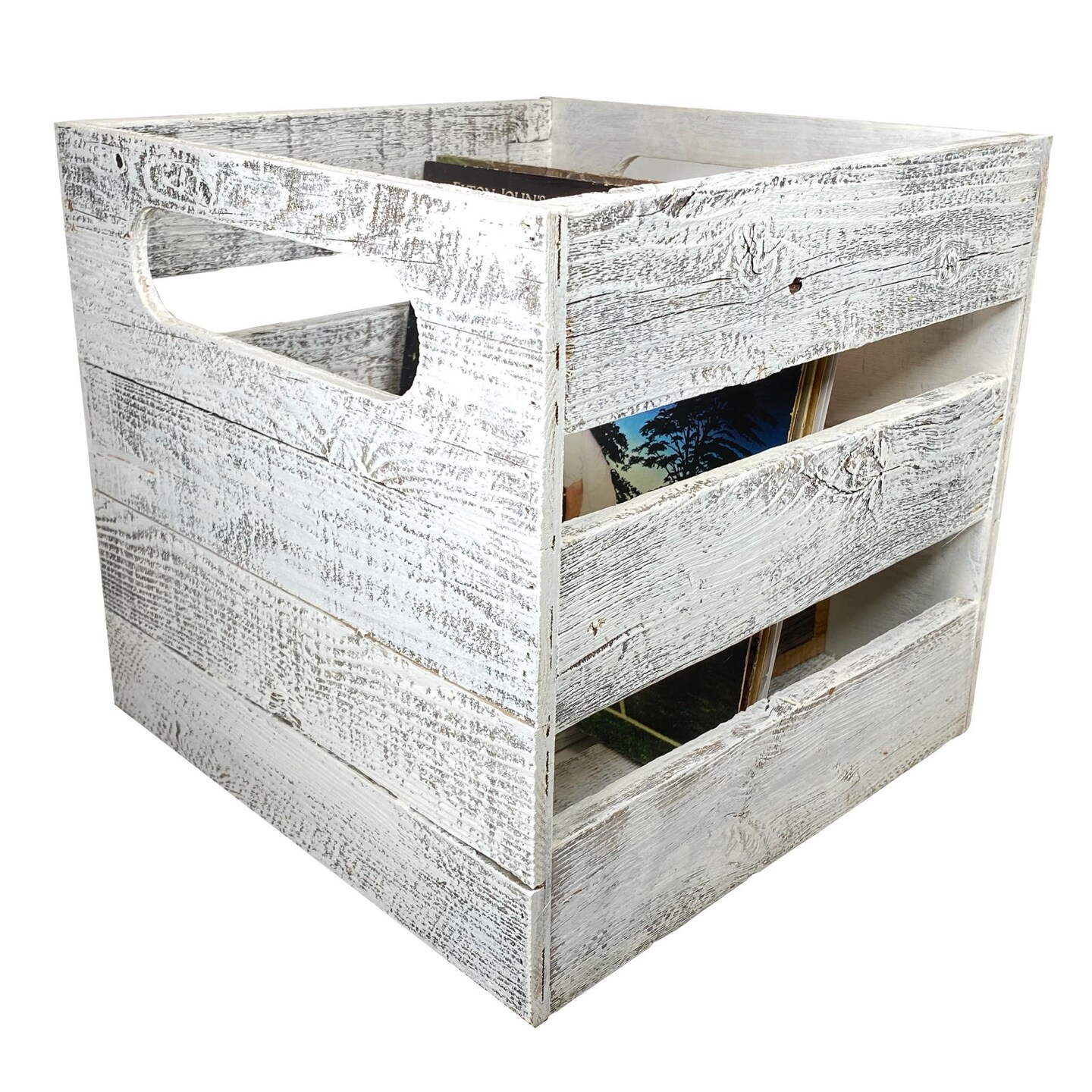 Rustic Farmhouse 15&#x22; x 15&#x22; Reclaimed Wood Vinyl Record Organizing Storage Crate