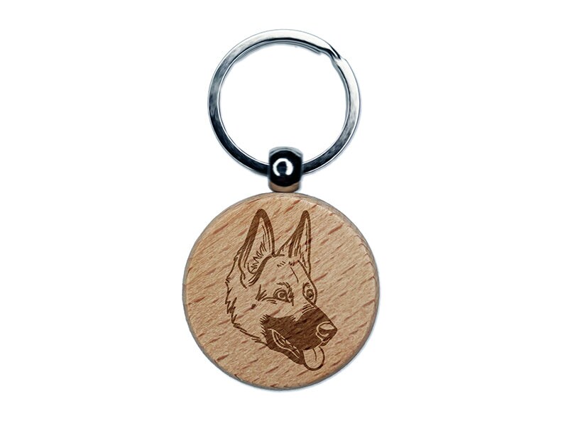 German Shepherd Dog Head Engraved Wood Round Keychain Tag Charm