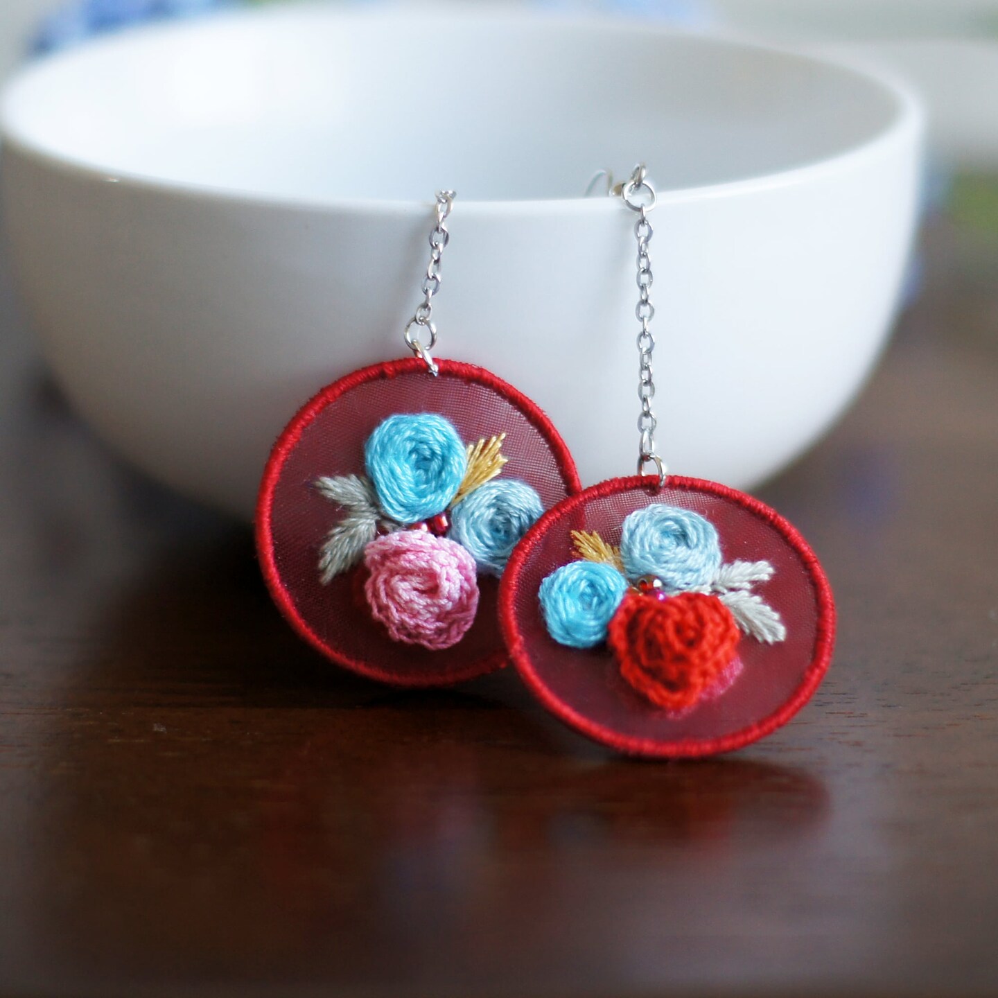 Reversible Hand-Embroidered Rose Chain Earrings: Delicate Floral Jewelry with Stainless Steel Hooks 266399620768464896