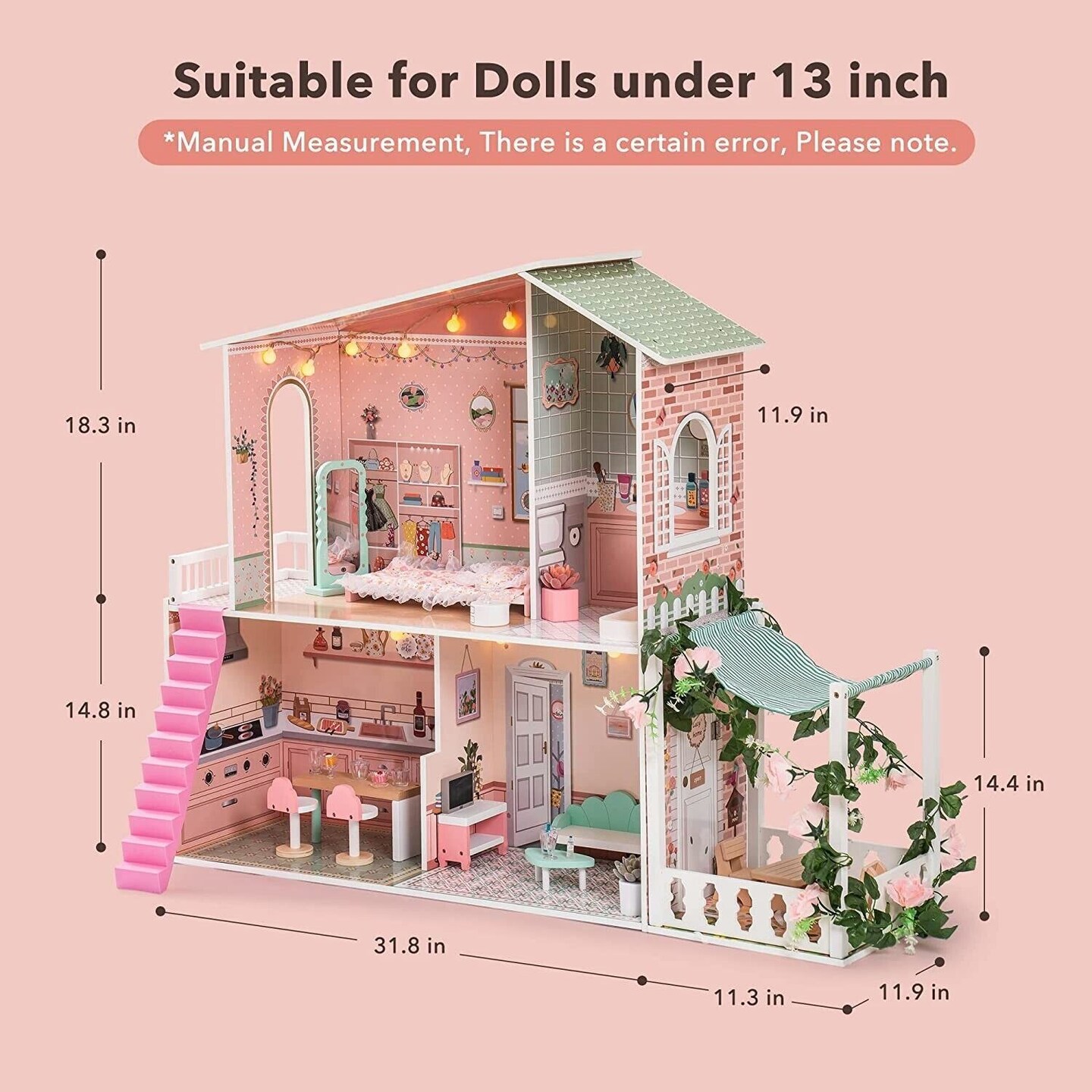 ROBUD Wooden Doll House with Light WDH05