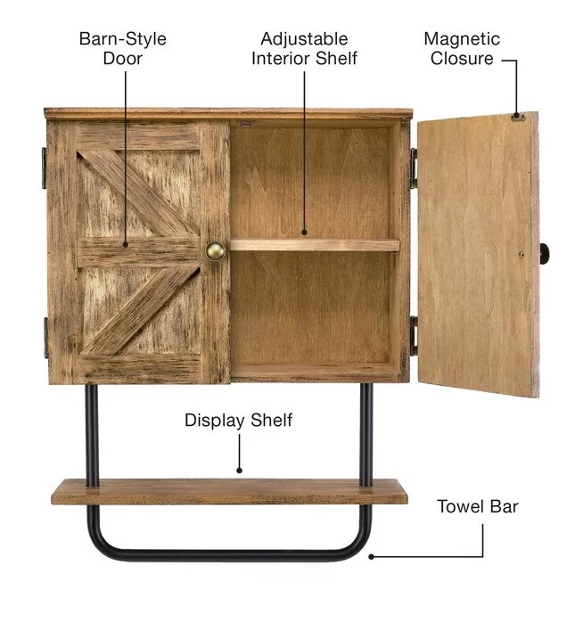 Rustic Brown Barndoor Bathroom Wall Cabinet, Space Saver Storage Cabinet Kitchen Medicine Cabinet with Adjustable Shelf and Towel Bar