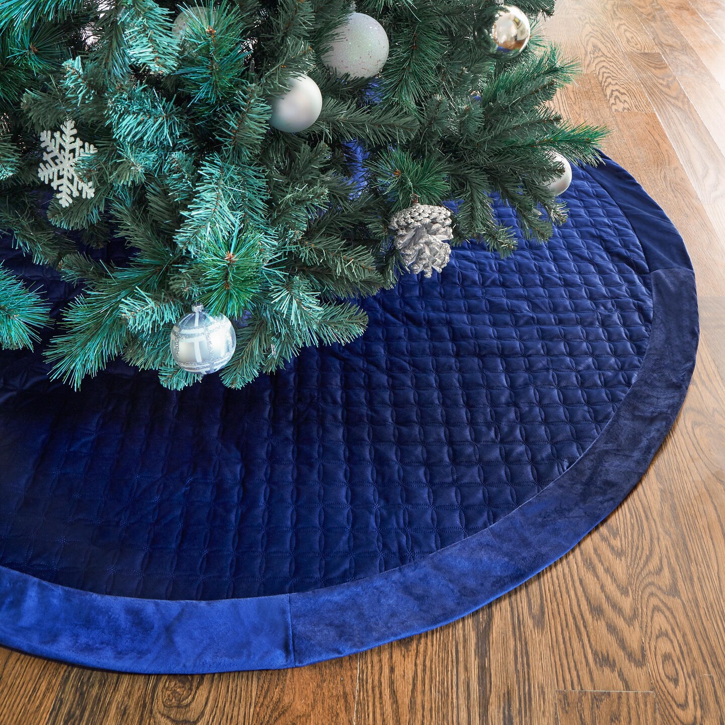 Star Quilted Velvet Christmas Tree Skirt, Navy Blue - 60&#x22;