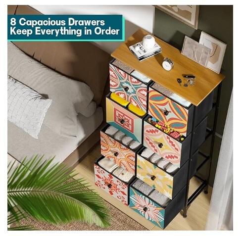 Eight-drawer dresser for the bedroom, tall closet storage tower, living room chest of drawers with a sturdy steel frame, fabric bins, wooden top, and bohemian colorful