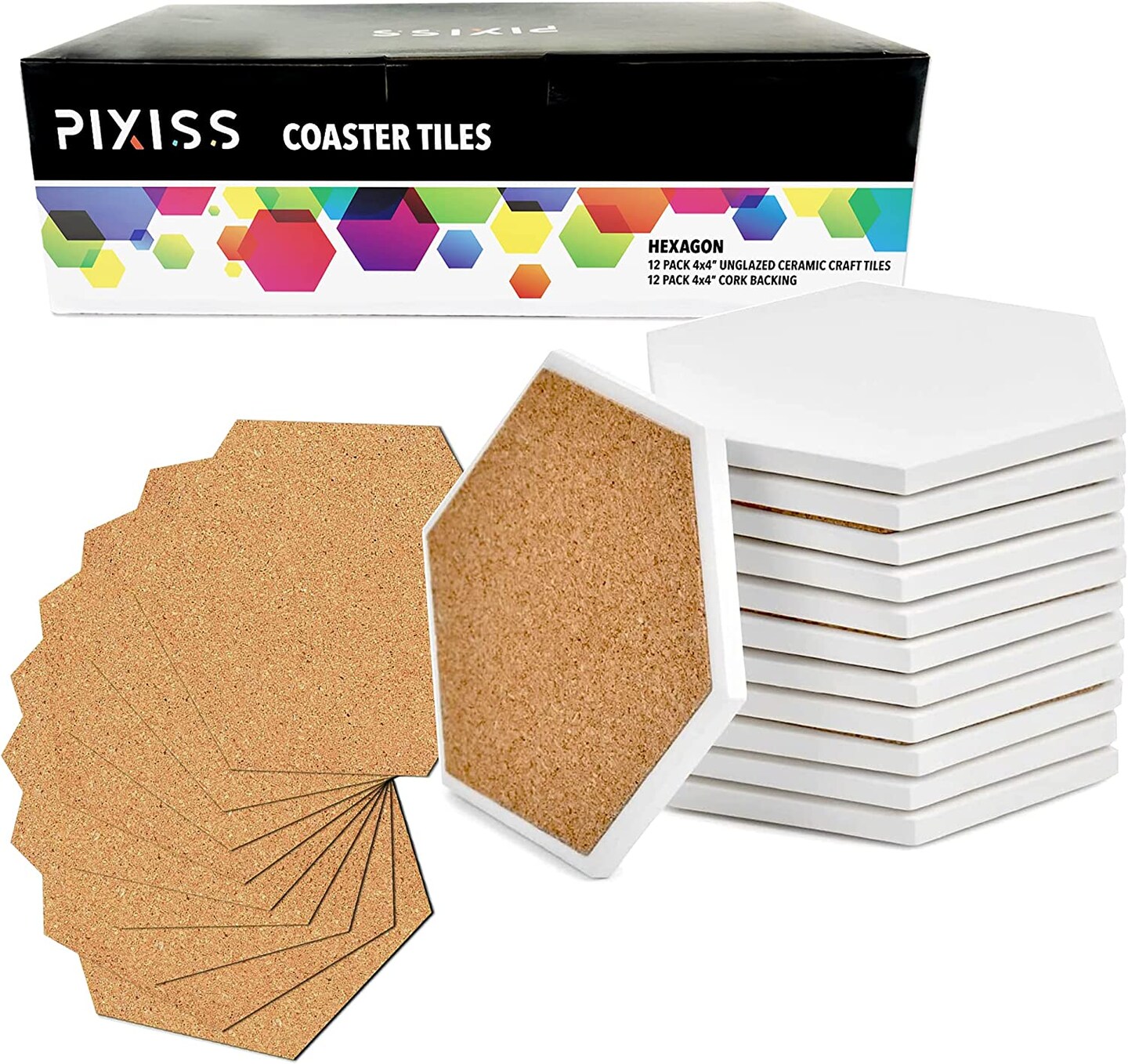 12 Blank Ceramic Tiles for Coasters and Mosaics - Hexagon Ceramic White Tiles (Unglazed) with Cork Backing Pads for Use With Alcohol Ink or Acrylic Pouring