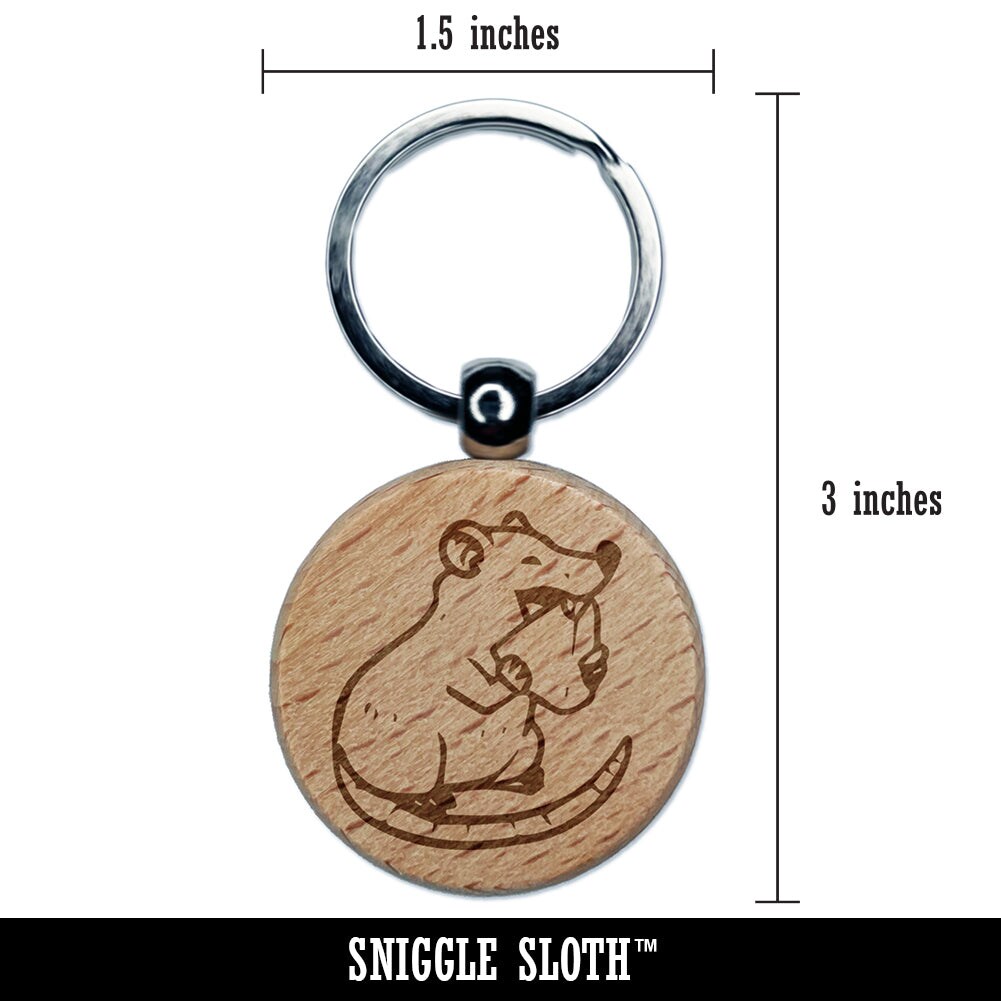 Happy Rat Eating Cheese Engraved Wood Round Keychain Tag Charm