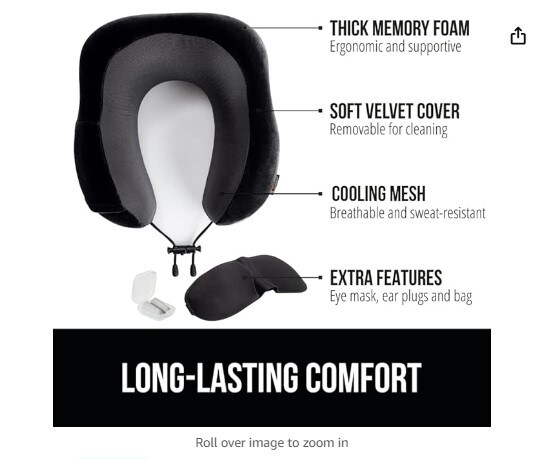 Memory Foam Travel Neck Pillow, Airplane Head Support, Soft Velvet, Cooling Mesh, Blinkable Eye Mask, Car Travel Support, Sleeping on Long Flight, Airplane Pillows, Black