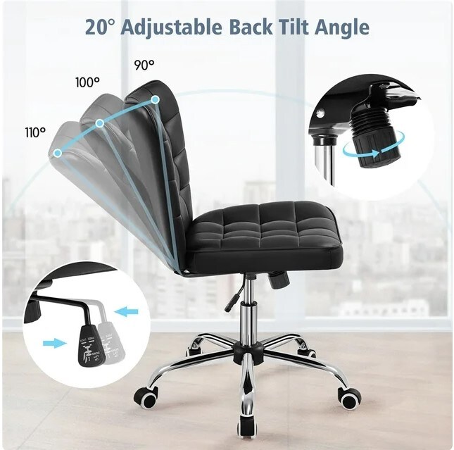 Black Modern Rolling Faux Leather Armless Desk Chair with Metal Base for Home Office