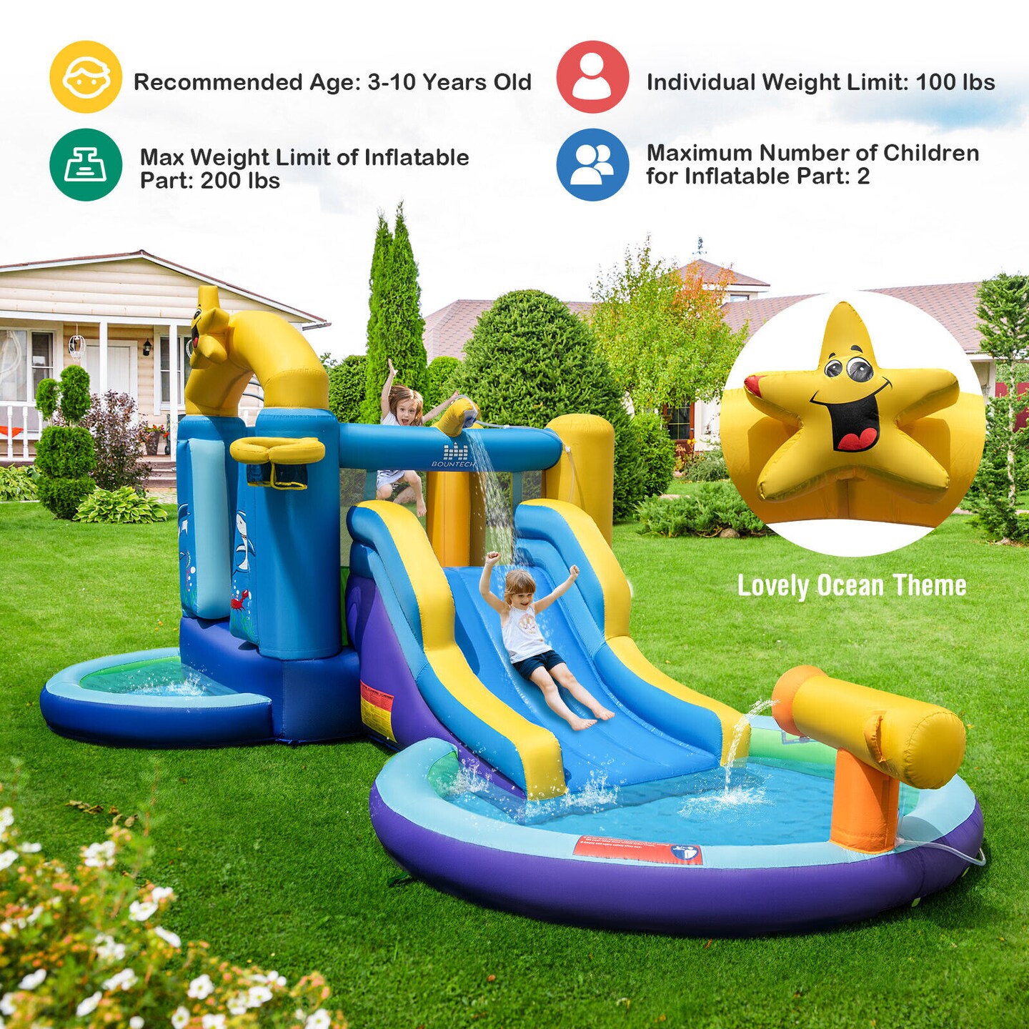 Kids Inflatable Bounce House With Slide Water Cannon Trampoline Outdoor Play