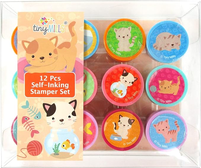 TINYMILLS 12 Pcs Cats Kittens Stamp Kit for Kids - Kitty Cat Self Inking Stamps Gift Party Favors