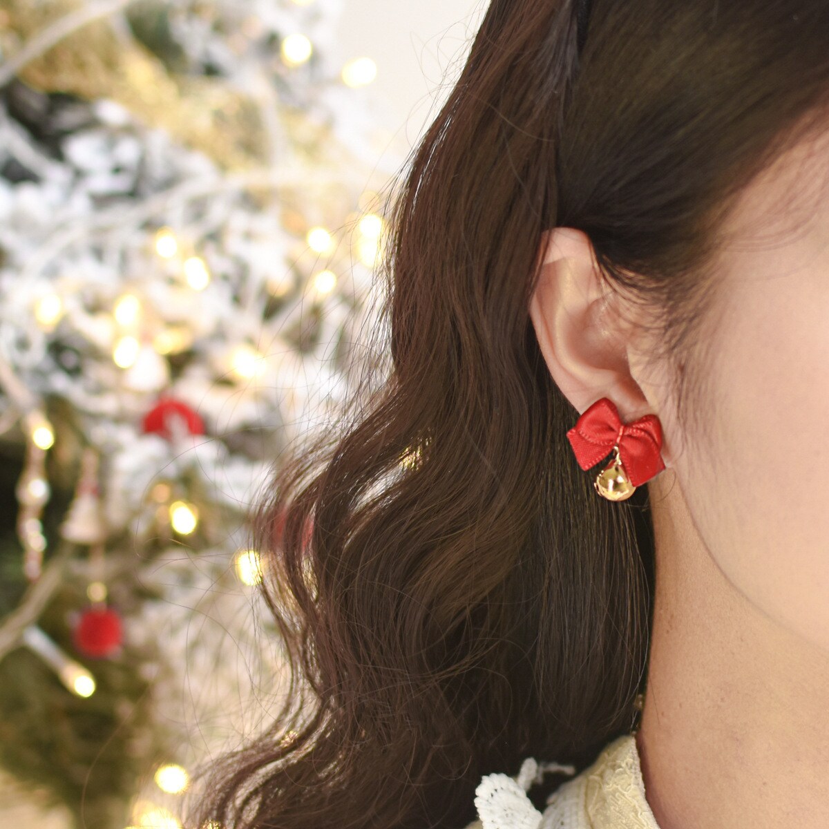 New Style Temperament Red Color Christmas Bow Stud Earrings for Women Rhinestone Bowknot Red Ball Earring Girls Party Jewelry