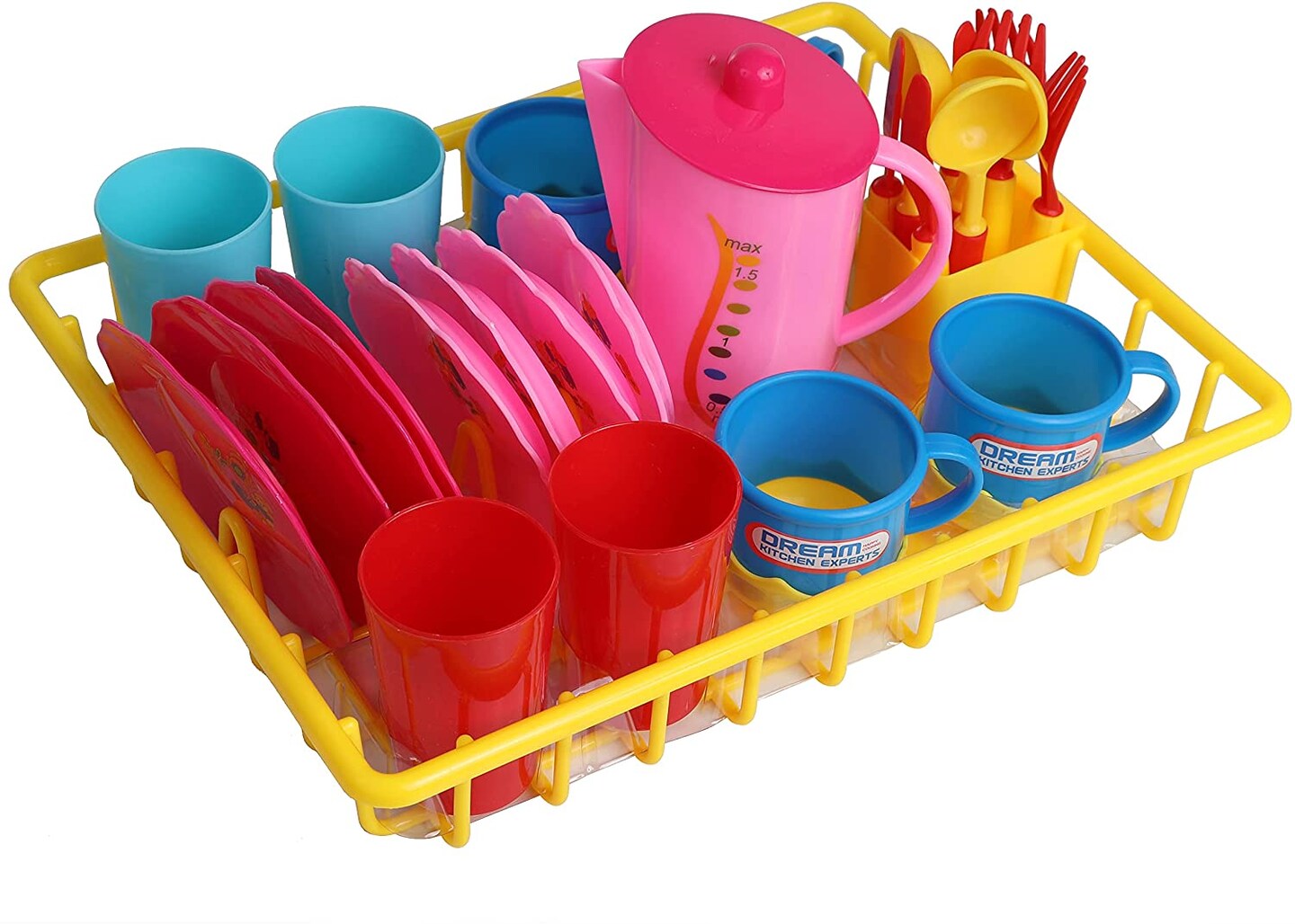 Kids and Toddler Play Dishes with Drainer, Play Kitchen Accessories 28 Piece Set, Kitchen Plastic Toys, Toy Plates and Dishes for Kids Kitchen Set