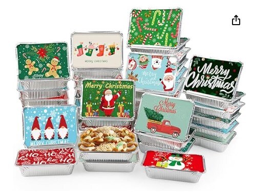 50 PCS Christmas Cookie Tins with Lid, Foil Treat Containers for Holiday Gift Giving and Food Storage -