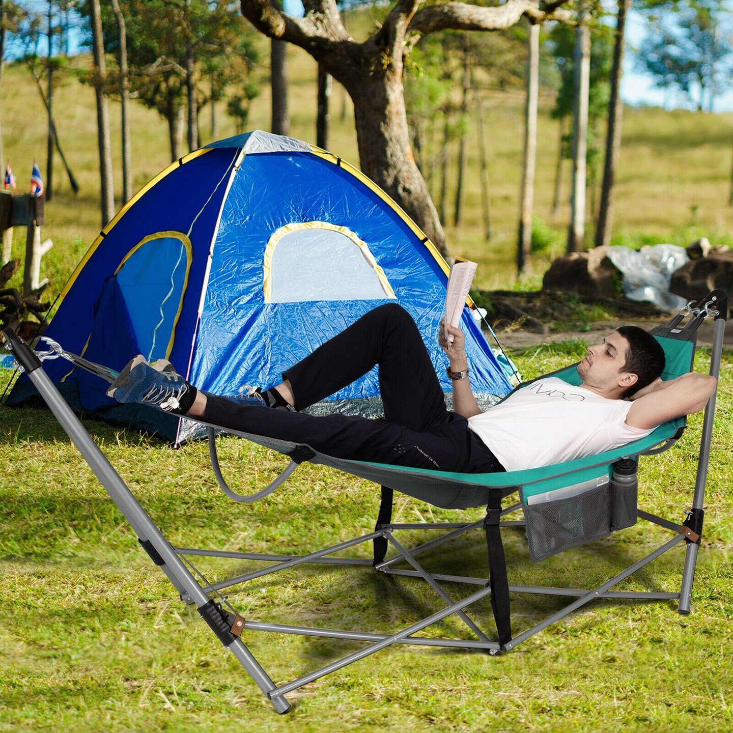 Outdoor Folding Hammock Bed with Breathable Fabric Metal Frame and Side Pocket Storage