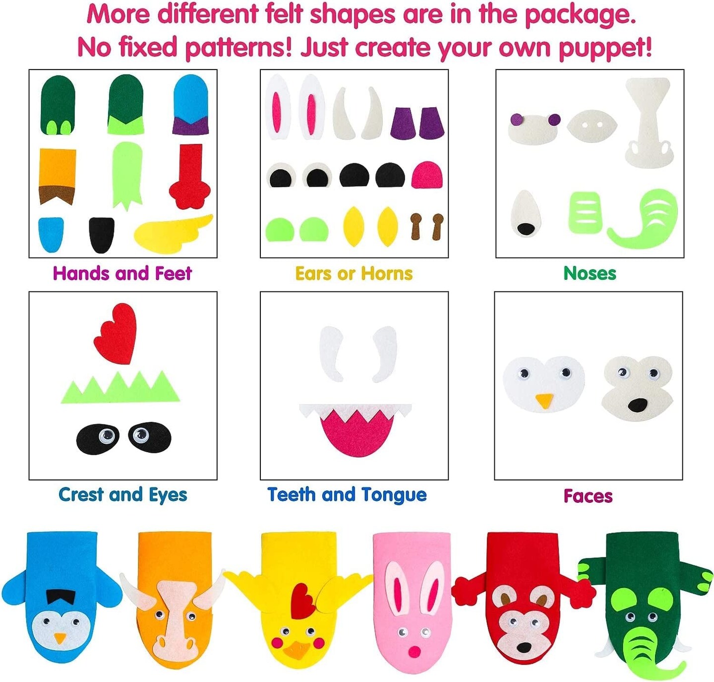 9 Pcs Hand Puppet Making Kit Kids Art Craft Felt Sock Puppet