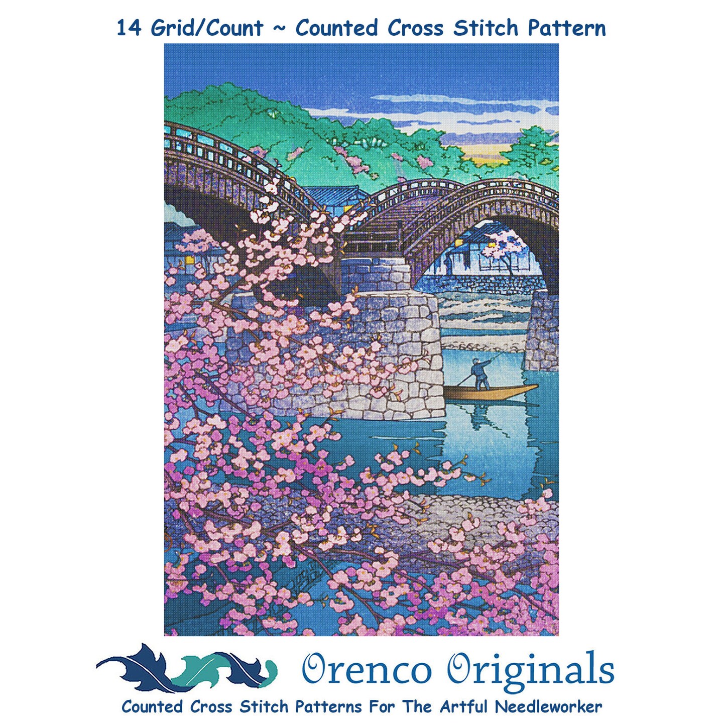 Spring Evening Kintai Bridge Counted Cross Stitch Pattern by Kawase Hasui