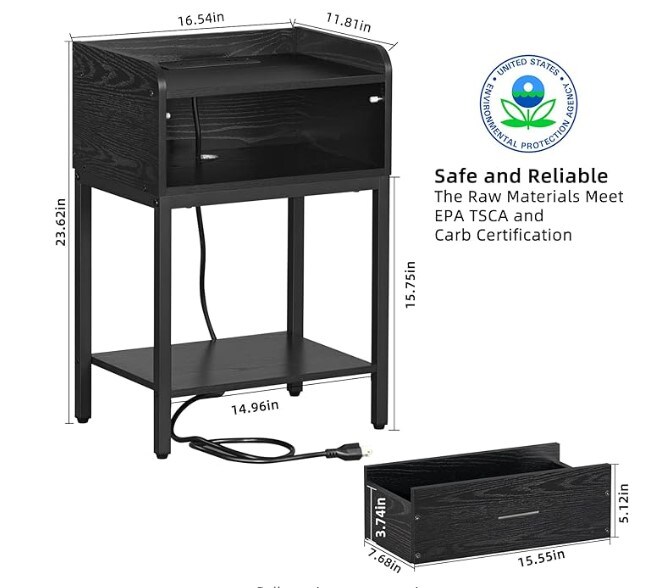 End tables with USB ports and outlets, black nightstand with charging station Small Side Table for Small Spaces, Bedroom, Modern Night Stand with Drawers and Open Shelf