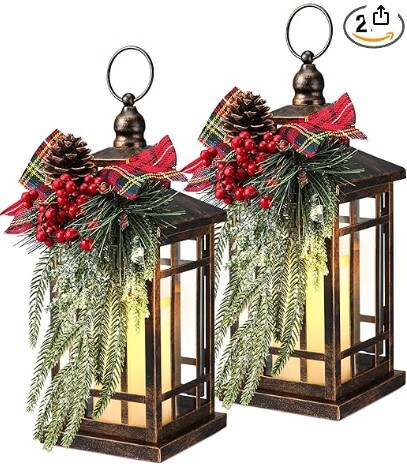 LED Christmas Lantern with Plaid Bow 14" Christmas Candle Lantern Flashing Candle Light Christmas Decorative Lanterns for Xmas Indoor Outdoor Party Decor (Bronze, Black Red Plaid, 2)