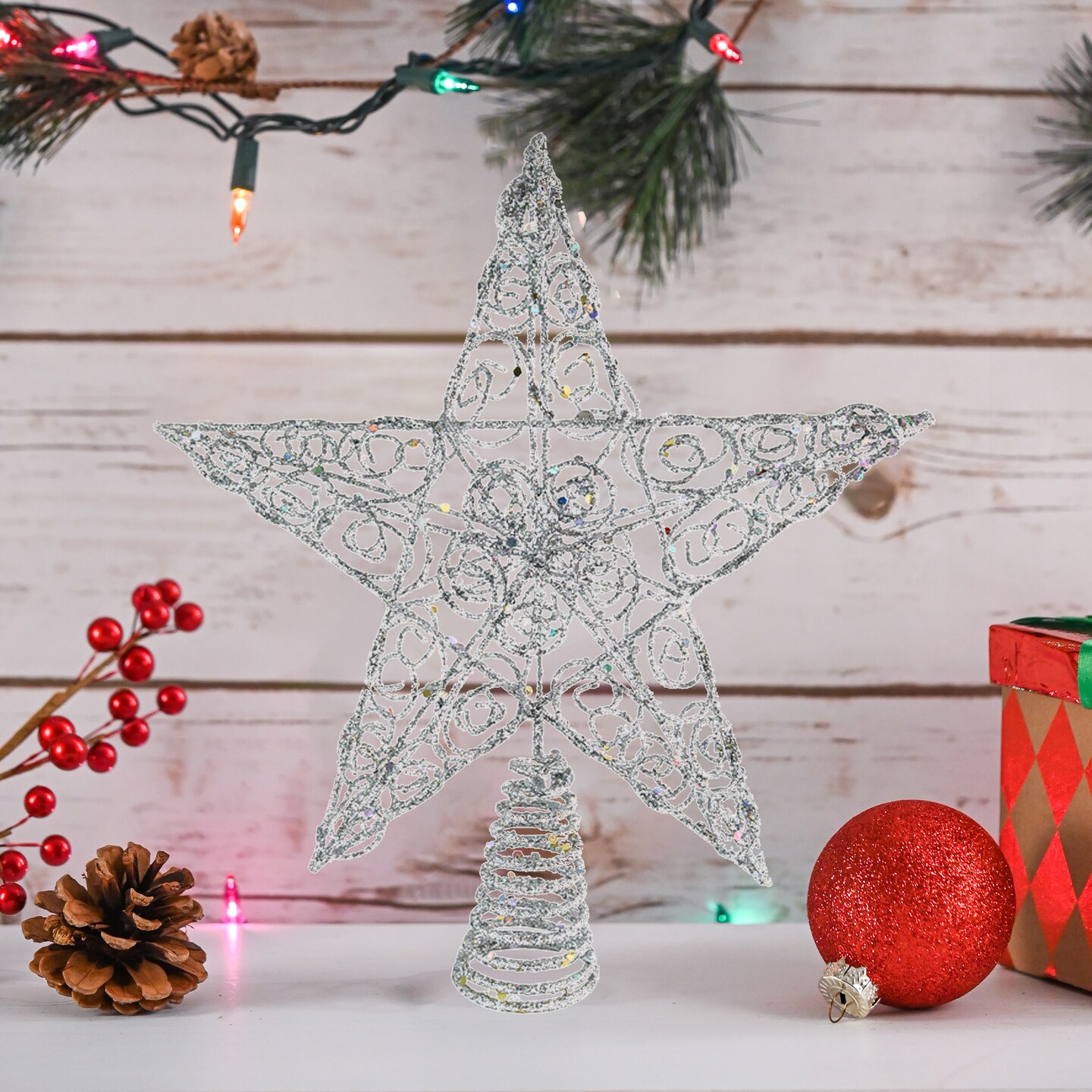 Ornativity Silver Star Tree Topper - Christmas Swirl Design Sparkle Star Treetop Ornament