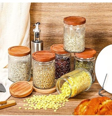 6 Glass Food Storage Containers with Wood Lids 24 oz Airtight Vintage Glass Jar with Lid Decorative Candy Cookie Jar Clear Glass Canisters Kitchen Storage Jars for Coffee, Sugar, Spice, Flour