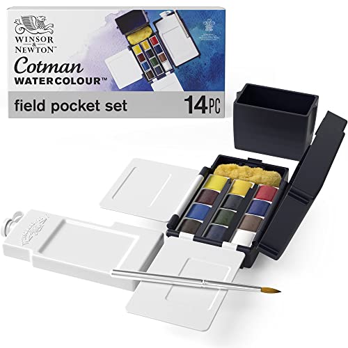 Winsor &#x26; Newton Cotman Watercolor Paint Set, Field Pocket Set, 12 Half Pan w/ Brush, Sponge, Bottle