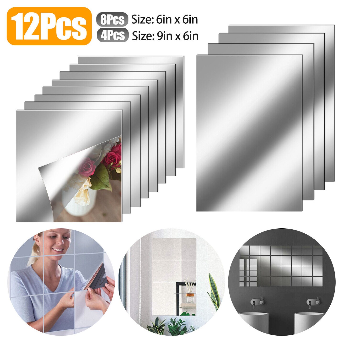 12Pcs Self-Adhesive Mirror Sheets for Reflective Home Wall Decor