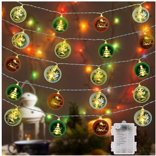 Christmas String Lights 10 Feet Battery Operated 20 LED Ball Lights with 8 Lighting Modes Christmas Tree Room Indoor Outdoor Hanging Globe String Lights Balls Ornaments