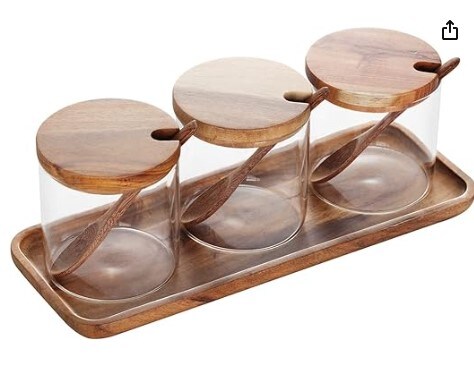 3 Pack Clear Glass Seasoning Jar with Wooden Lid and Spoon, Adorable Sugar Bowl Bath Salt Storage Container, Kitchen Pepper