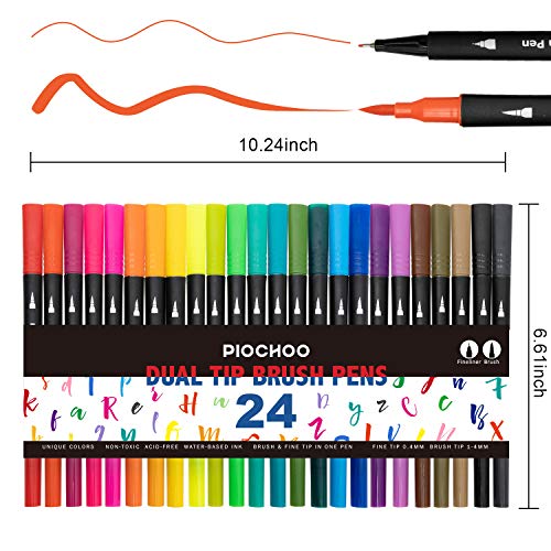 Dual Brush Marker Pens,24 Colored Markers,Fine Point and Brush Tip for Kids Adult  Coloring Books Bullet Journals Planners,Note Taking Coloring Writing